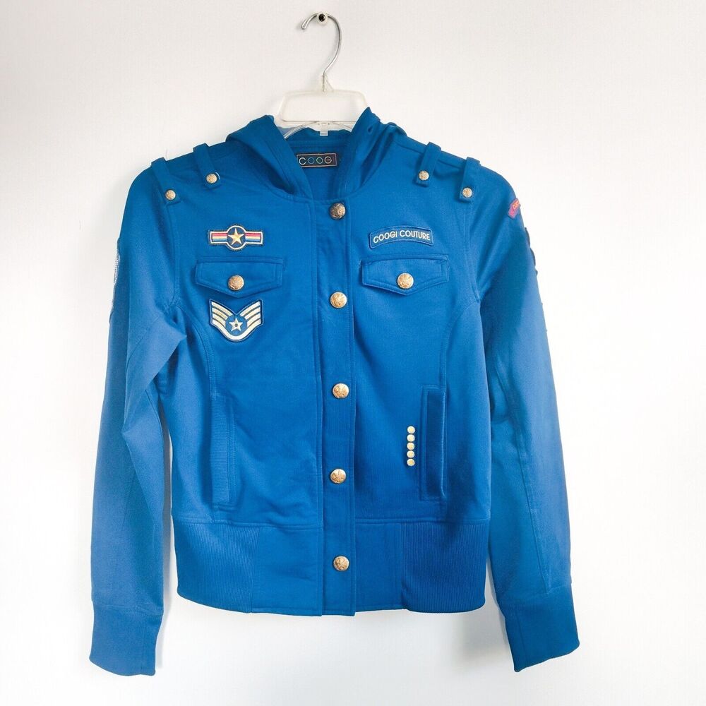 COOGI Military Hooded‎ Track Jacket Style Snap Button Shirt Blue Women's Large